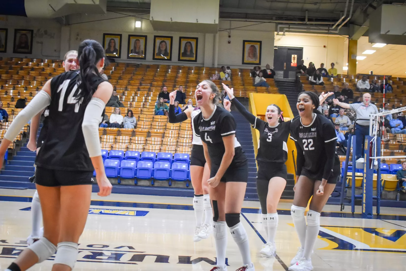 The team celebrates after a point.