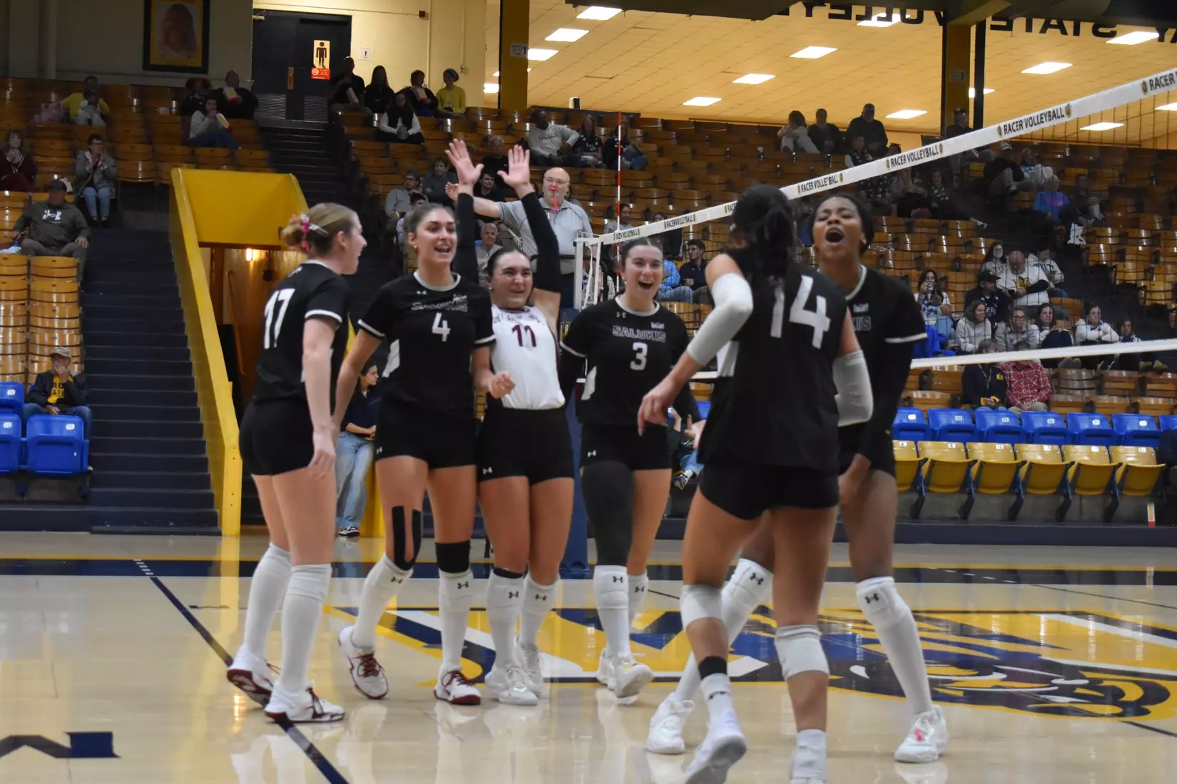 The team celebrates after a point.