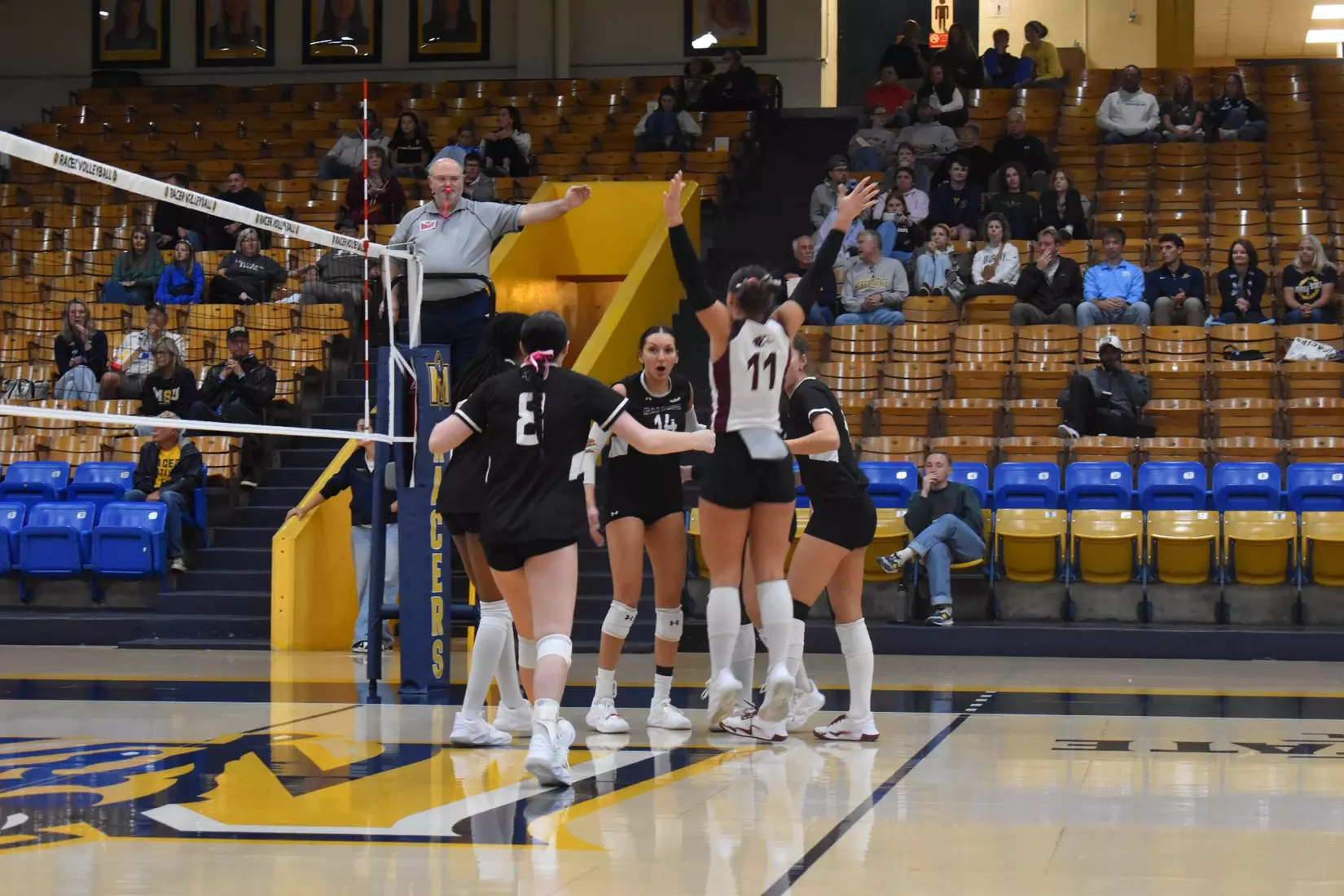 The team celebrates after a point.