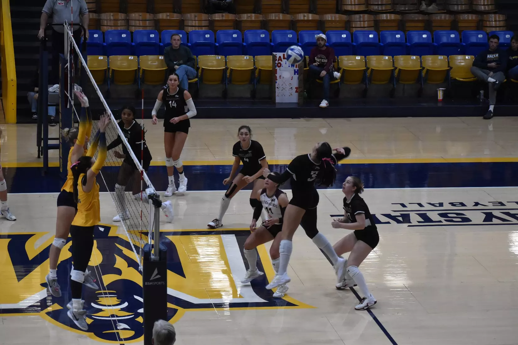 McKenzie Moeller attacks a ball.