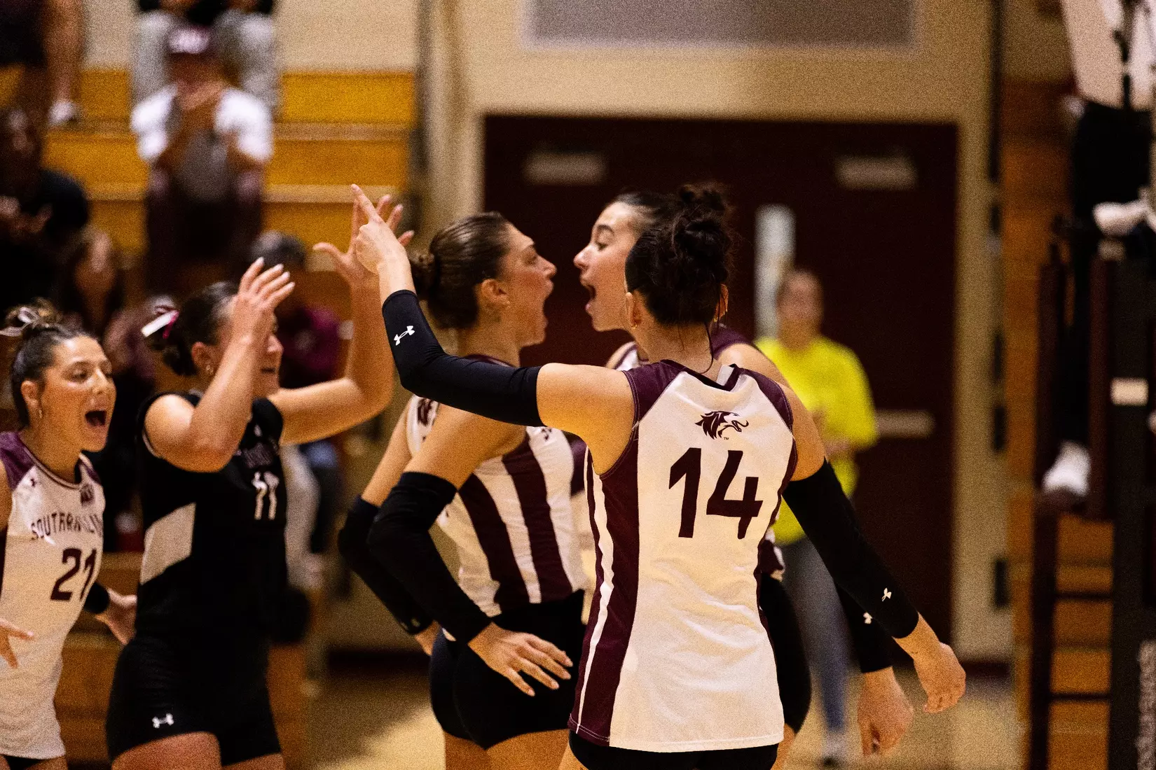 The team celebrates after a point.