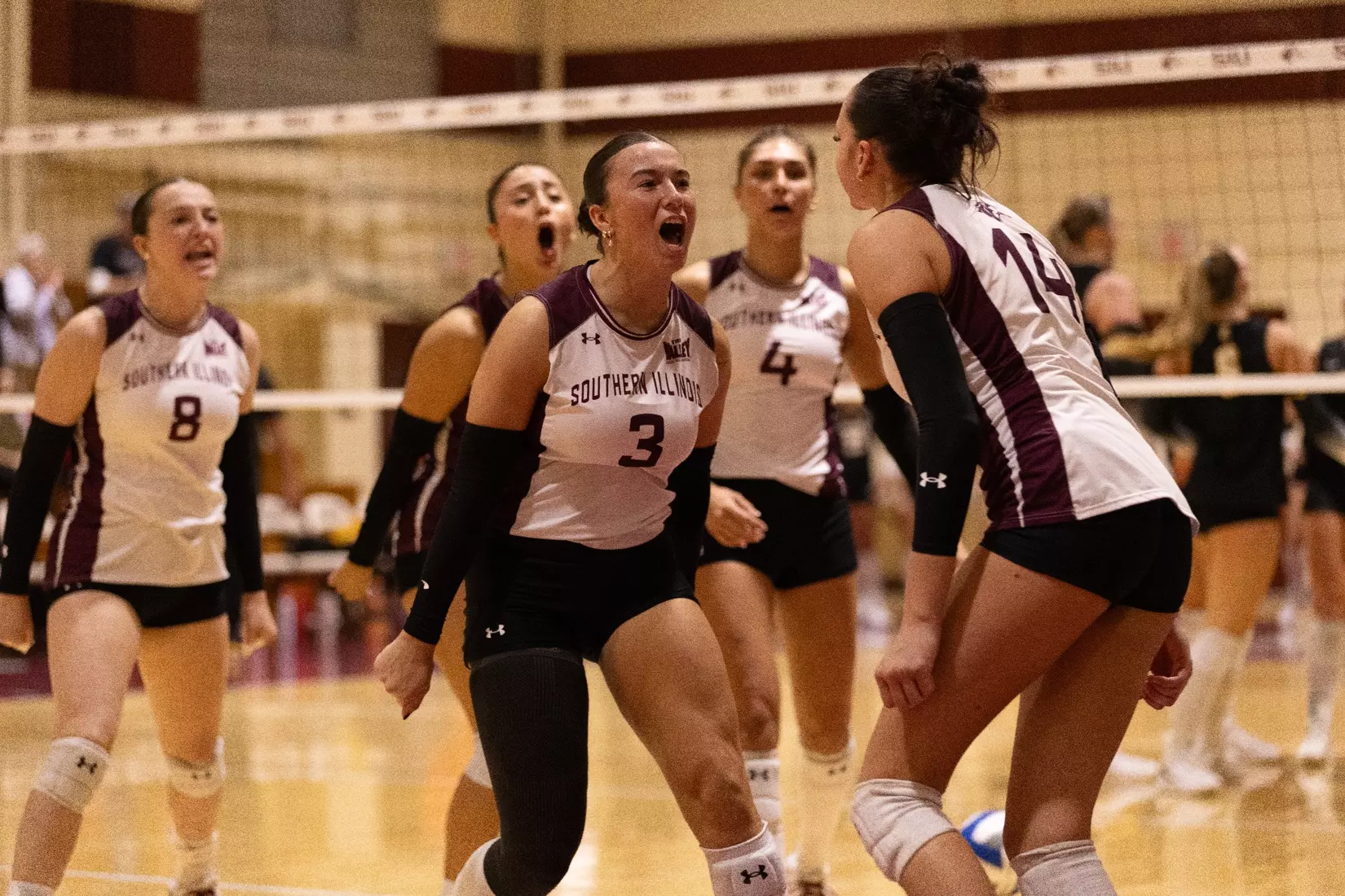 The team celebrates after a point.