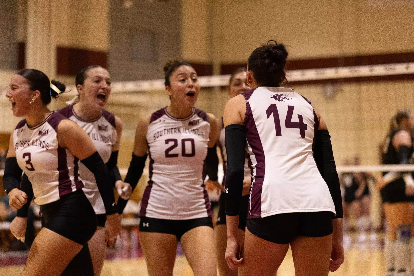 The team celebrates after a point.