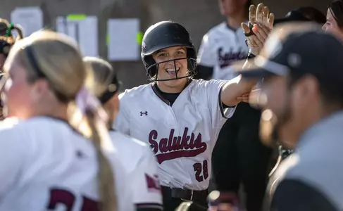 Sage Grann smiles during SIU's 15-0 (5) win against Bradley in Game 2 of a doubleheader on Friday, March 13, 2026.
