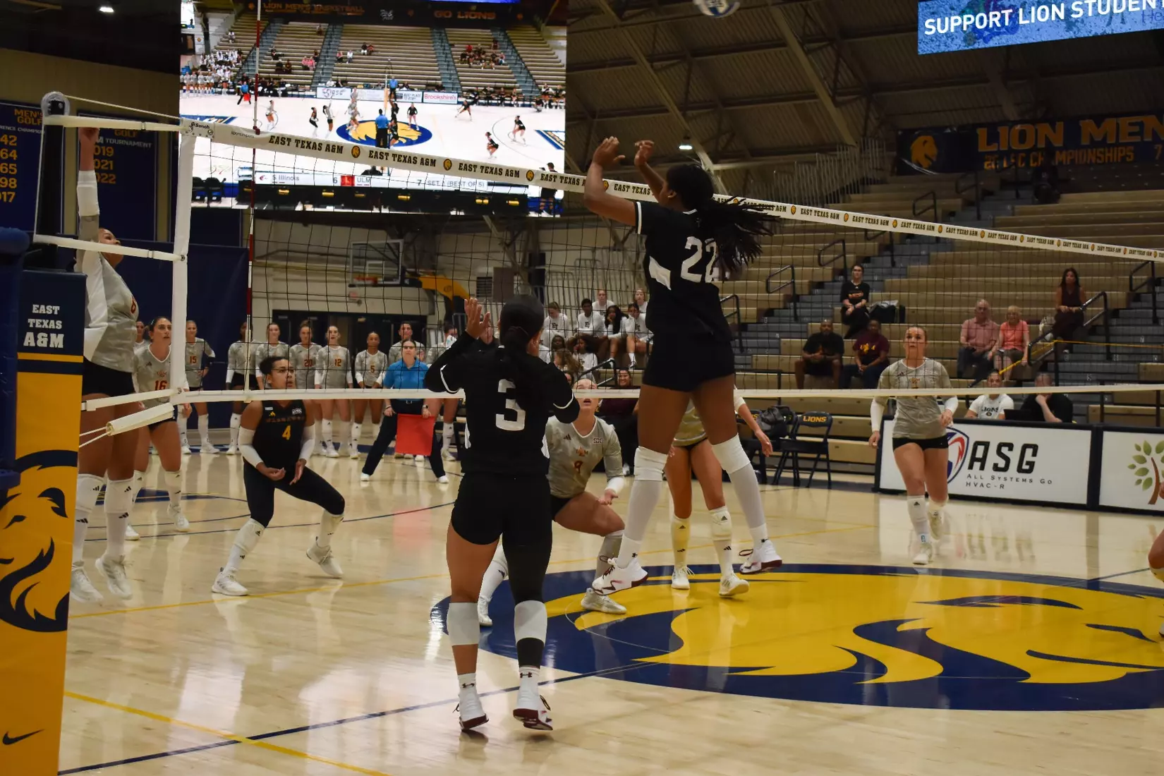 Chloe Anderson jumps up to block an attack.