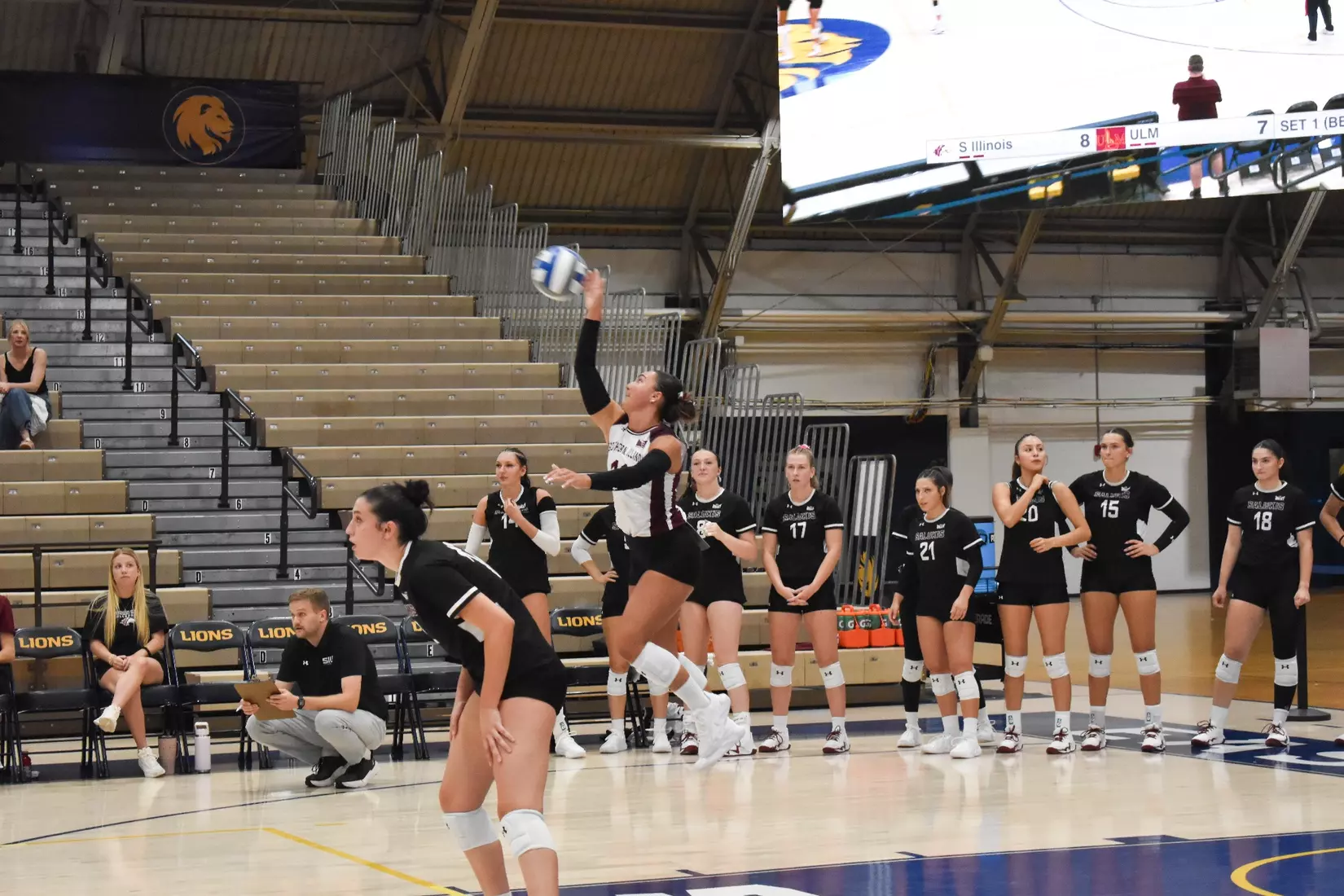Jillian Shaneyfelt jumps up and serves a ball.