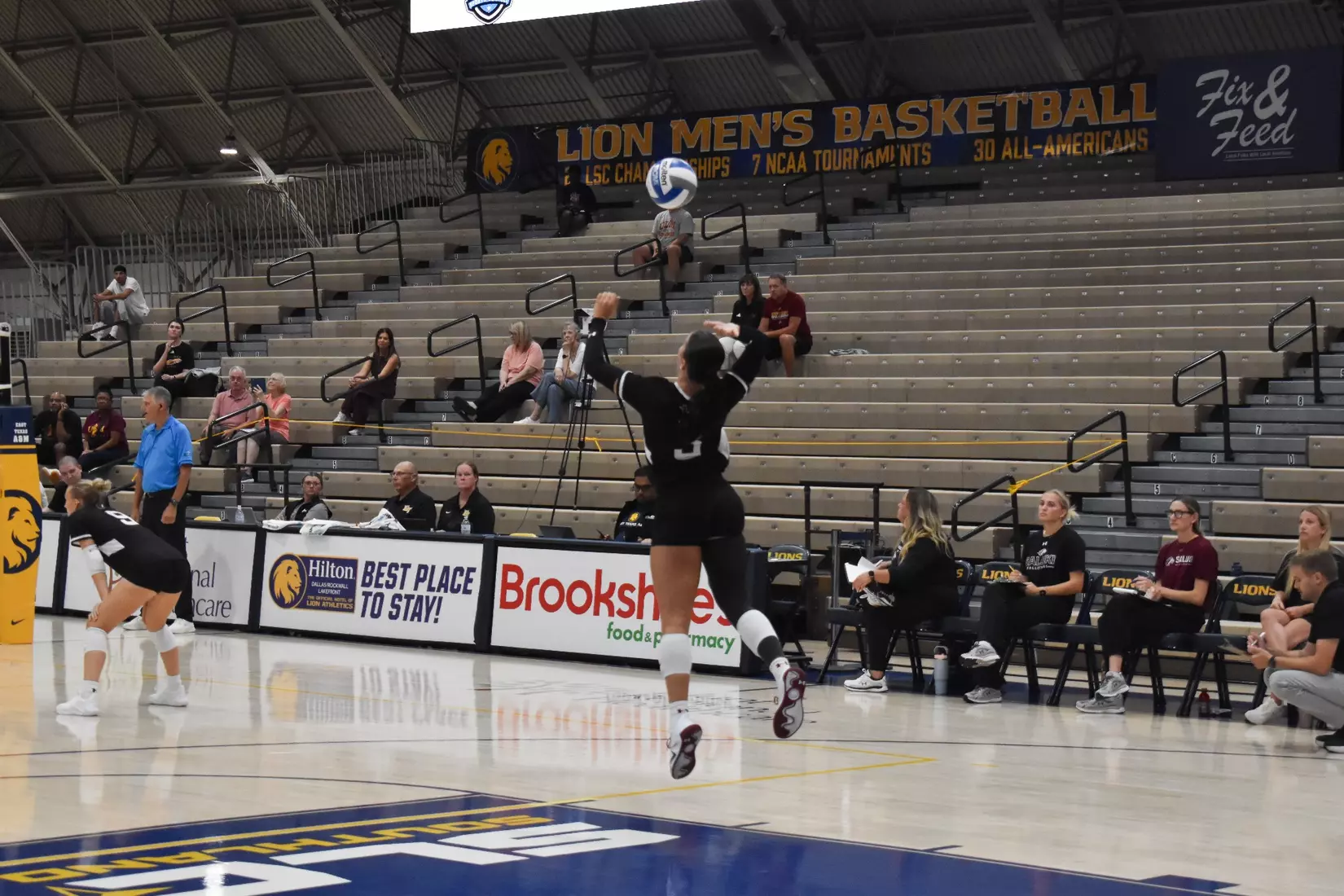 McKenzie Moeller jumps up for a serve.