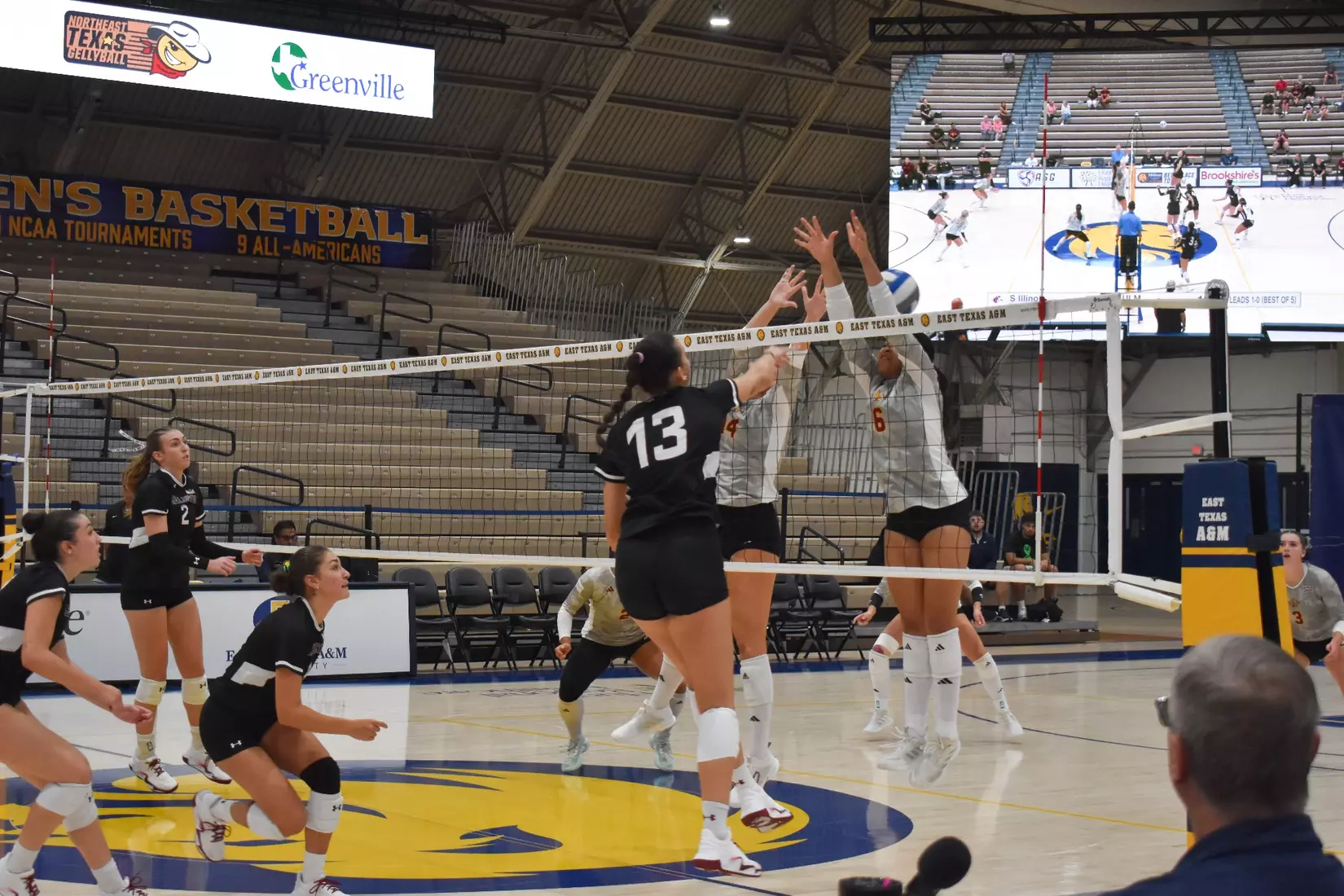Beatriz Piaia smacks the ball through the Warhawk blockers' arms.