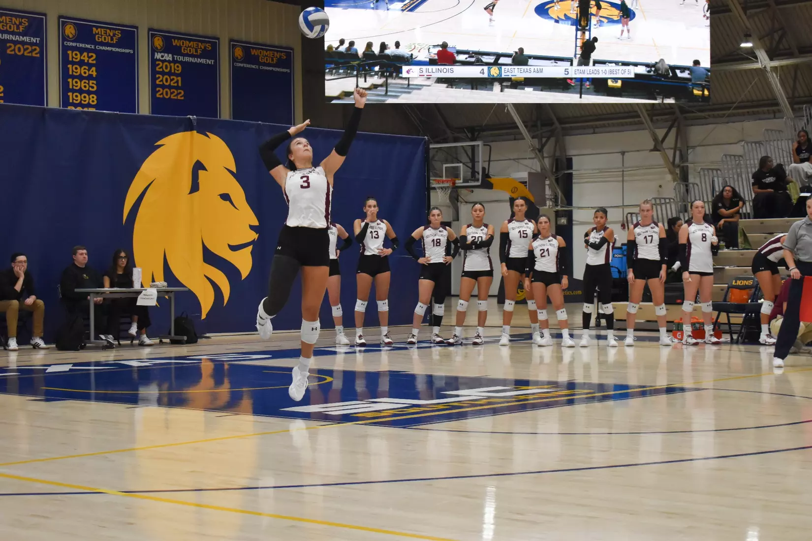 McKenzie Moeller goes airborne for a serve.