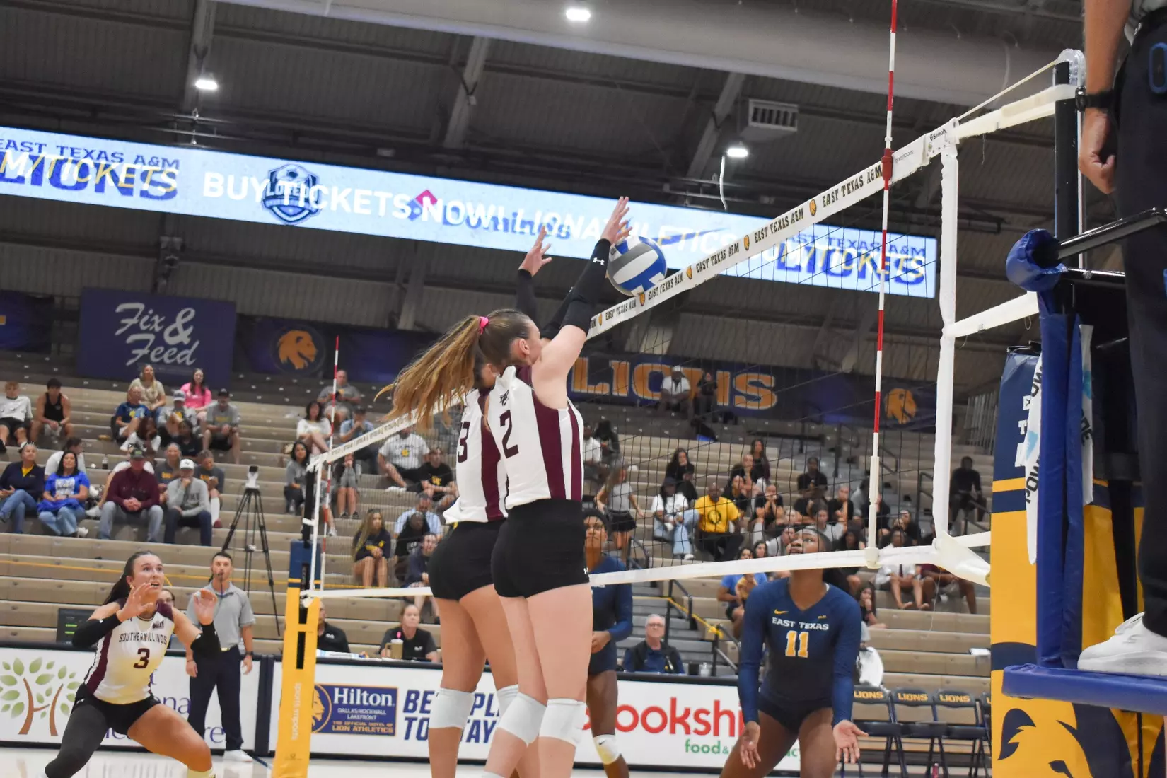 Natalie Vance and Beatriz Piaia jump up to block an incoming attack.