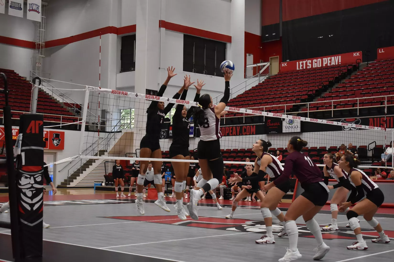 McKenzie Moeller tips a ball over the net.