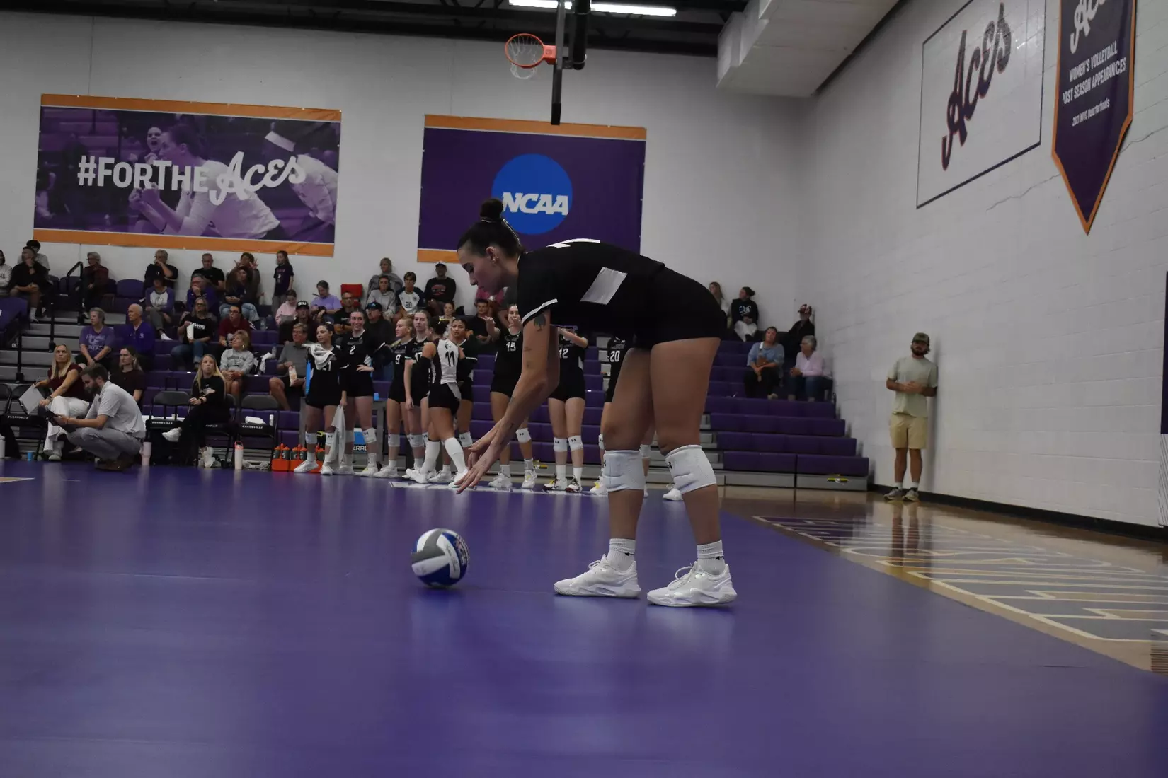 Beatriz Piaia dribbles a ball prior to her serve.