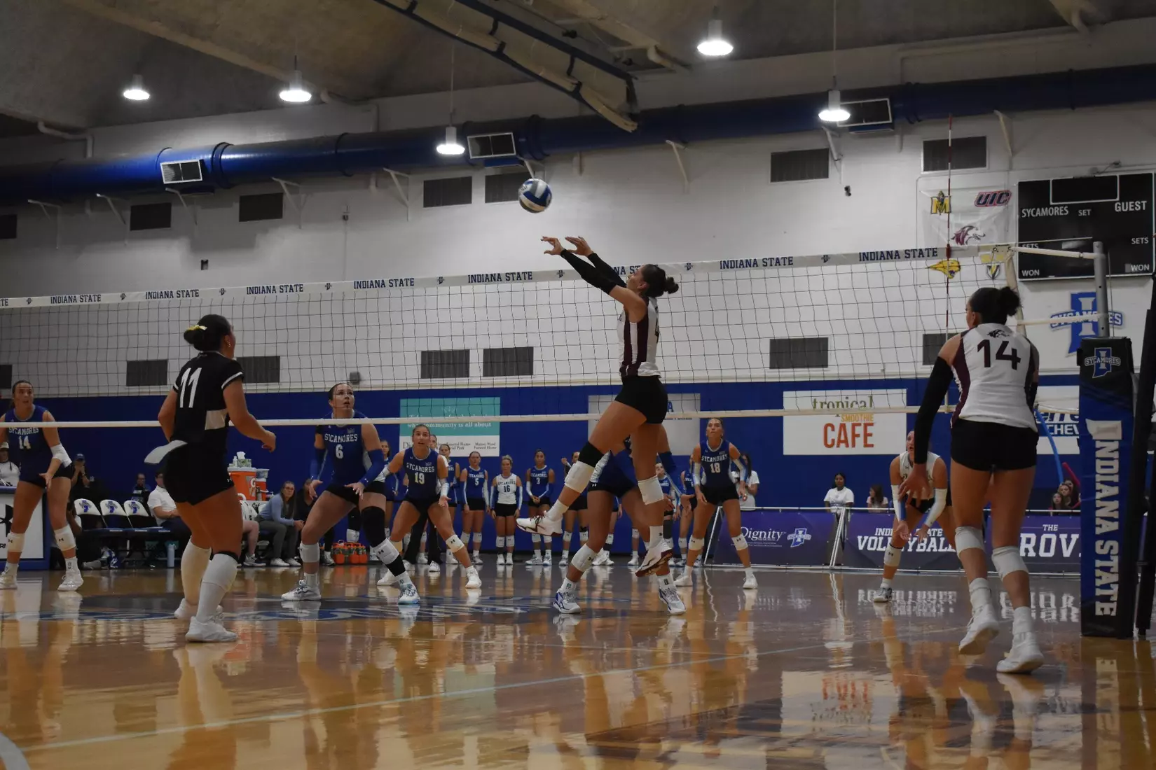 Ella McFarland sets a ball.