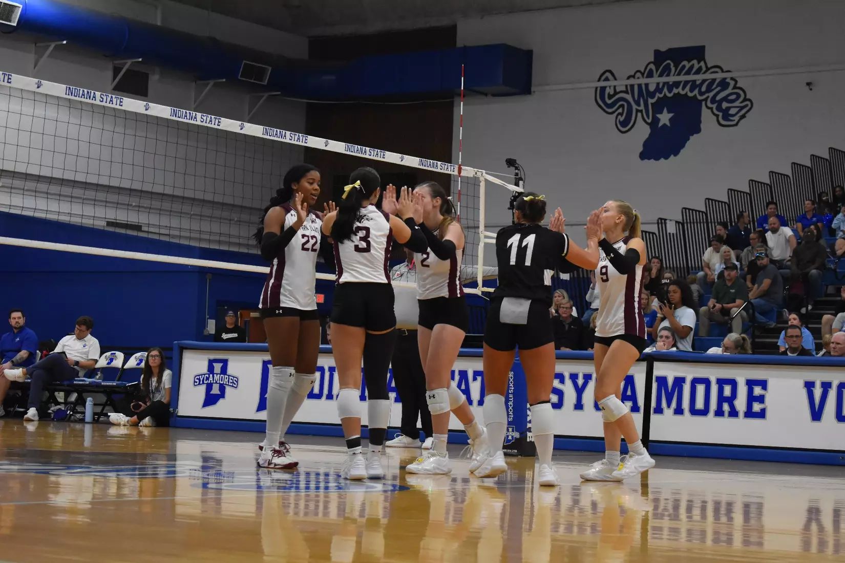The team celebrates after a point.