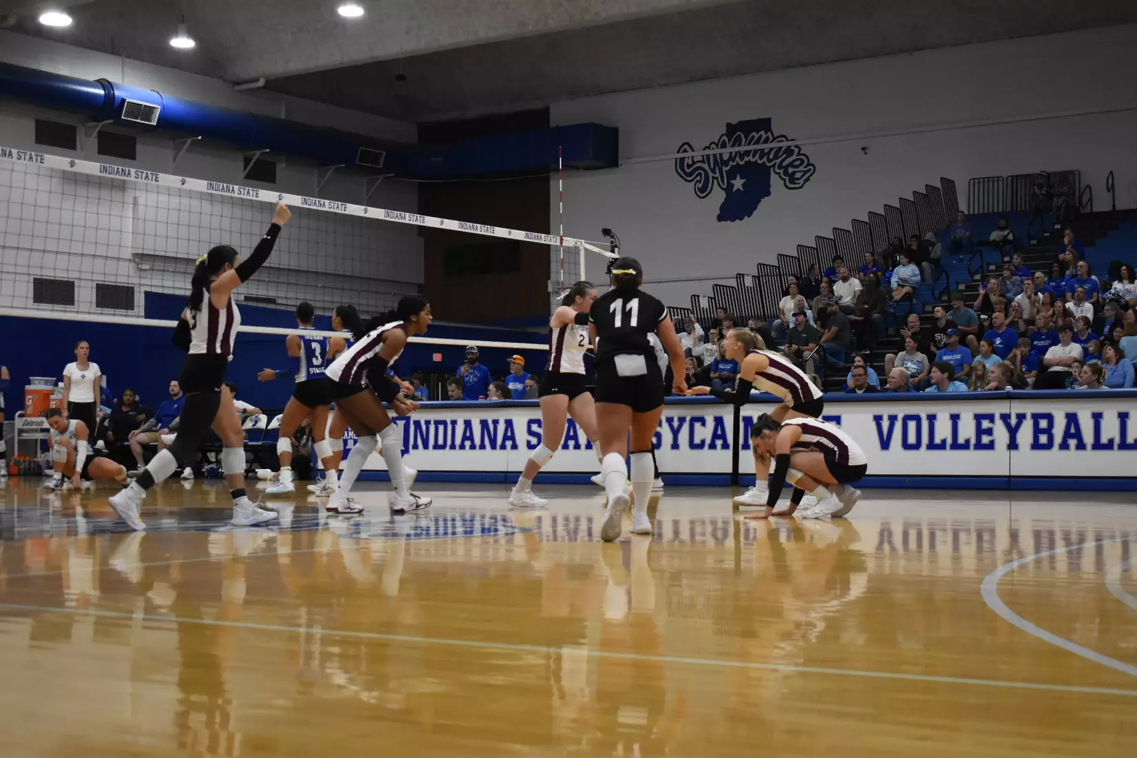 The team celebrates after a point.