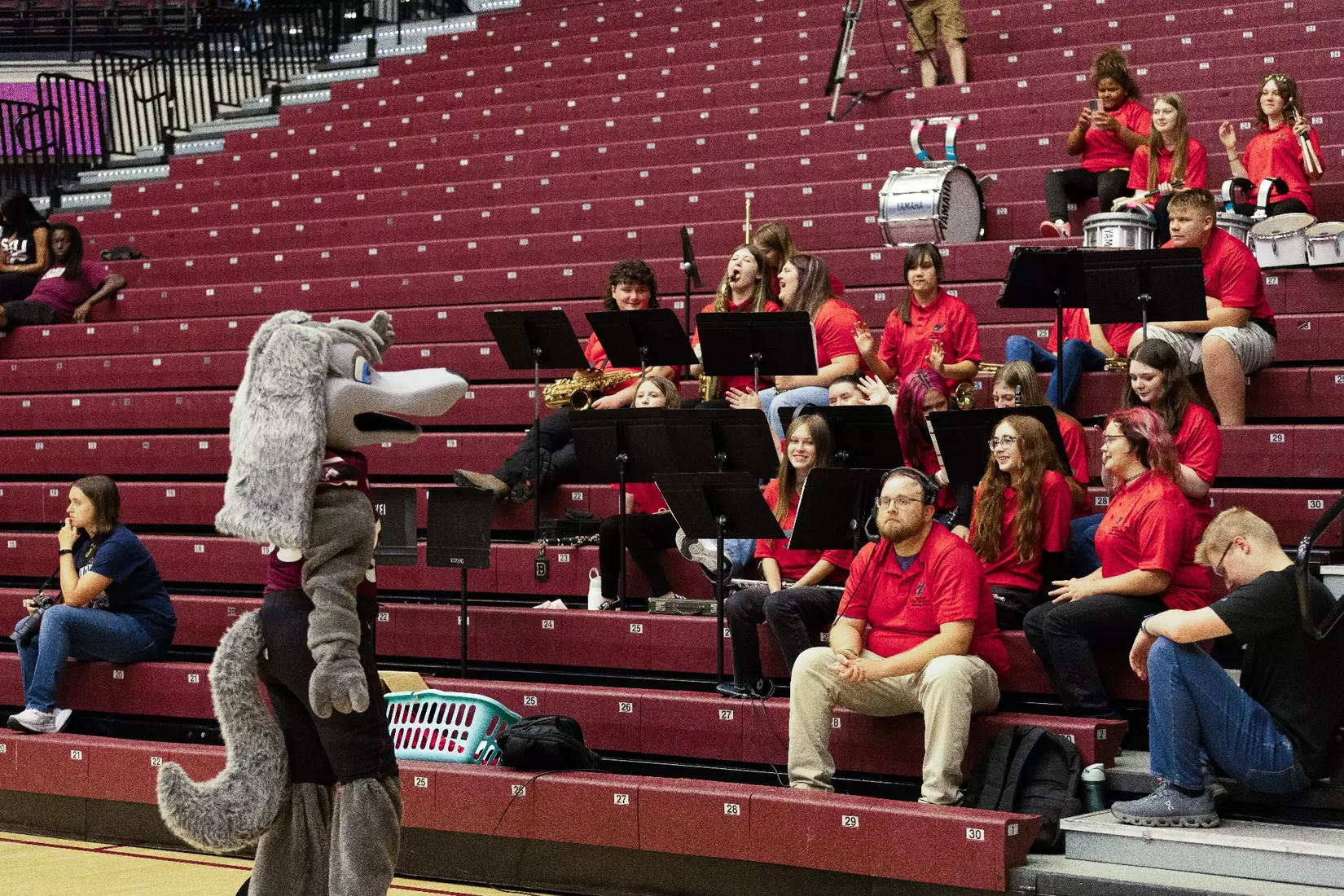 Grey Dawg dances in front of the Sandoval pep band.