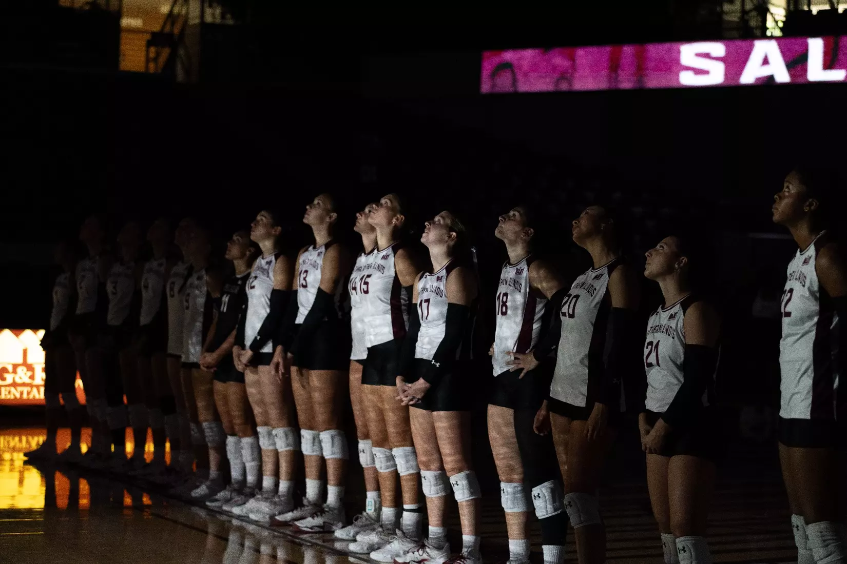 The team is shined on by a spotlight during their intro video.