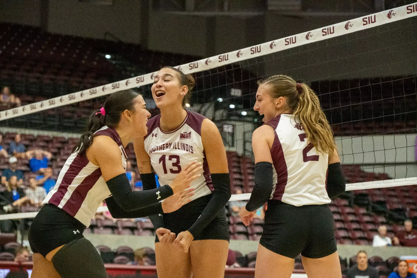 The team celebrates after a point.