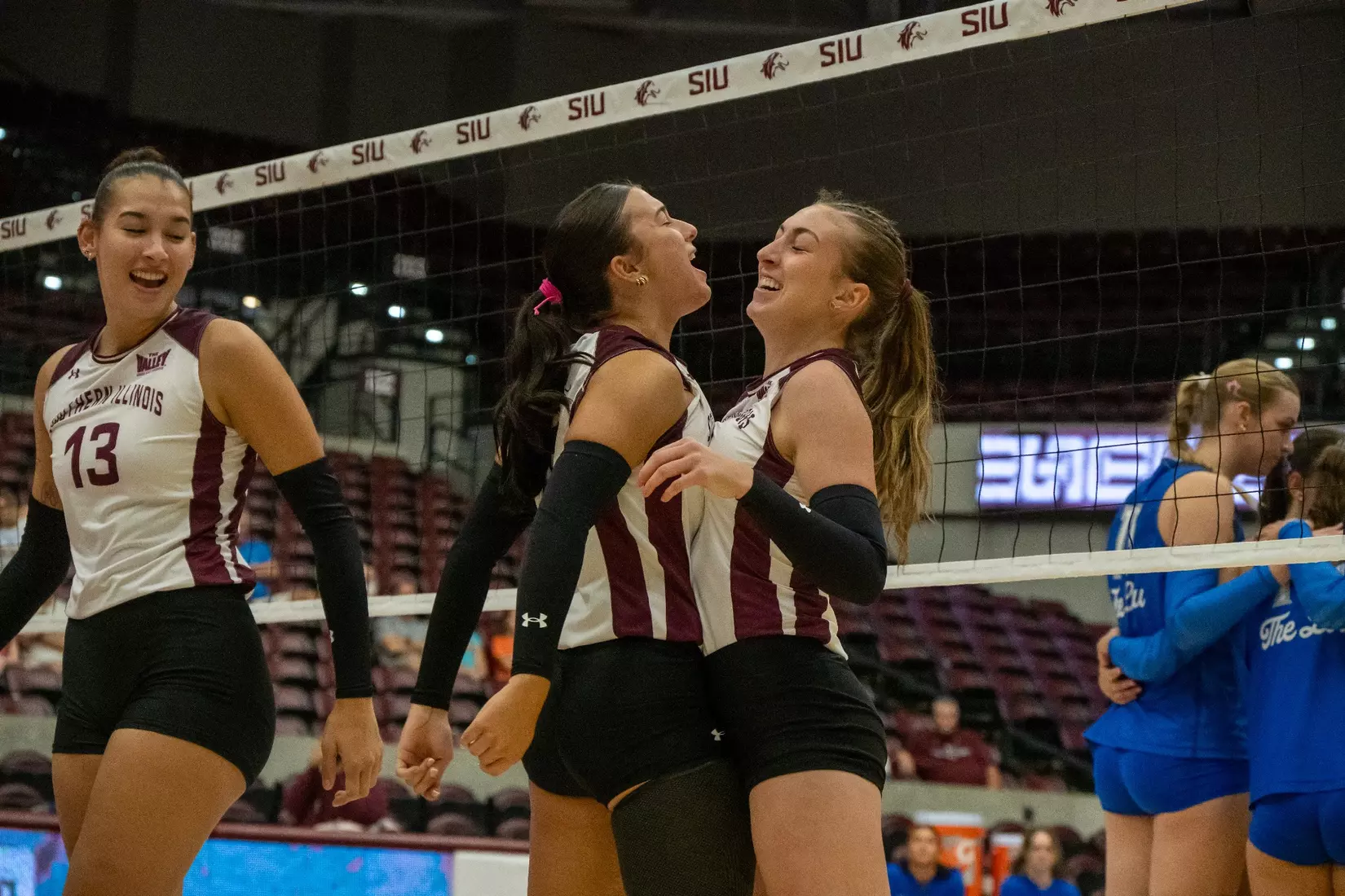 The team celebrates after a point.