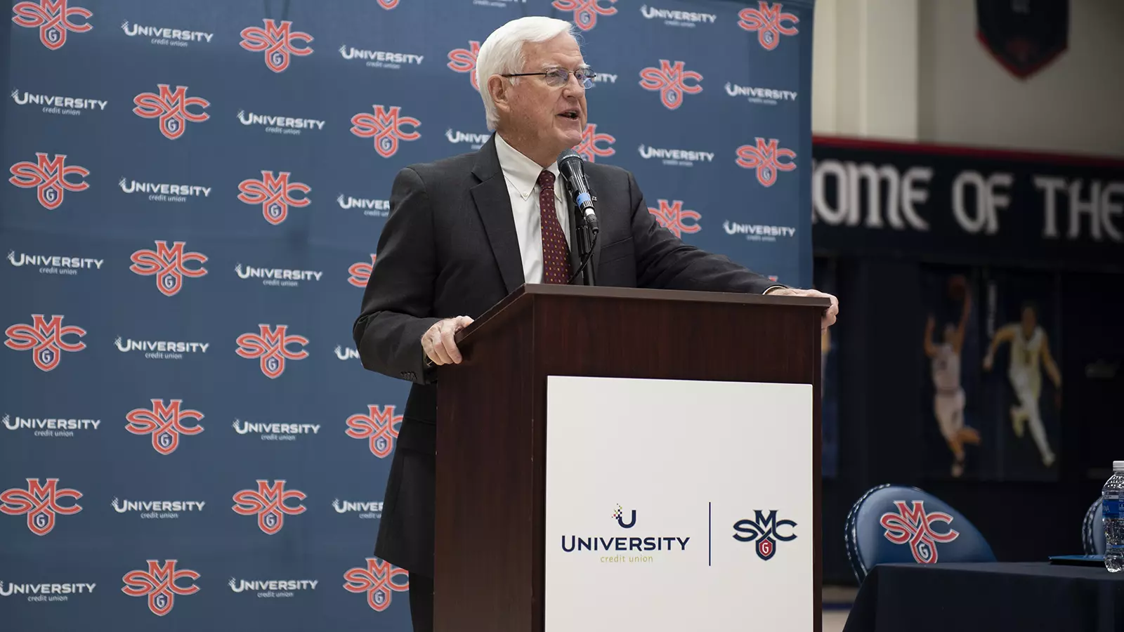 Saint Mary's president James Donahue speaking at the podium.