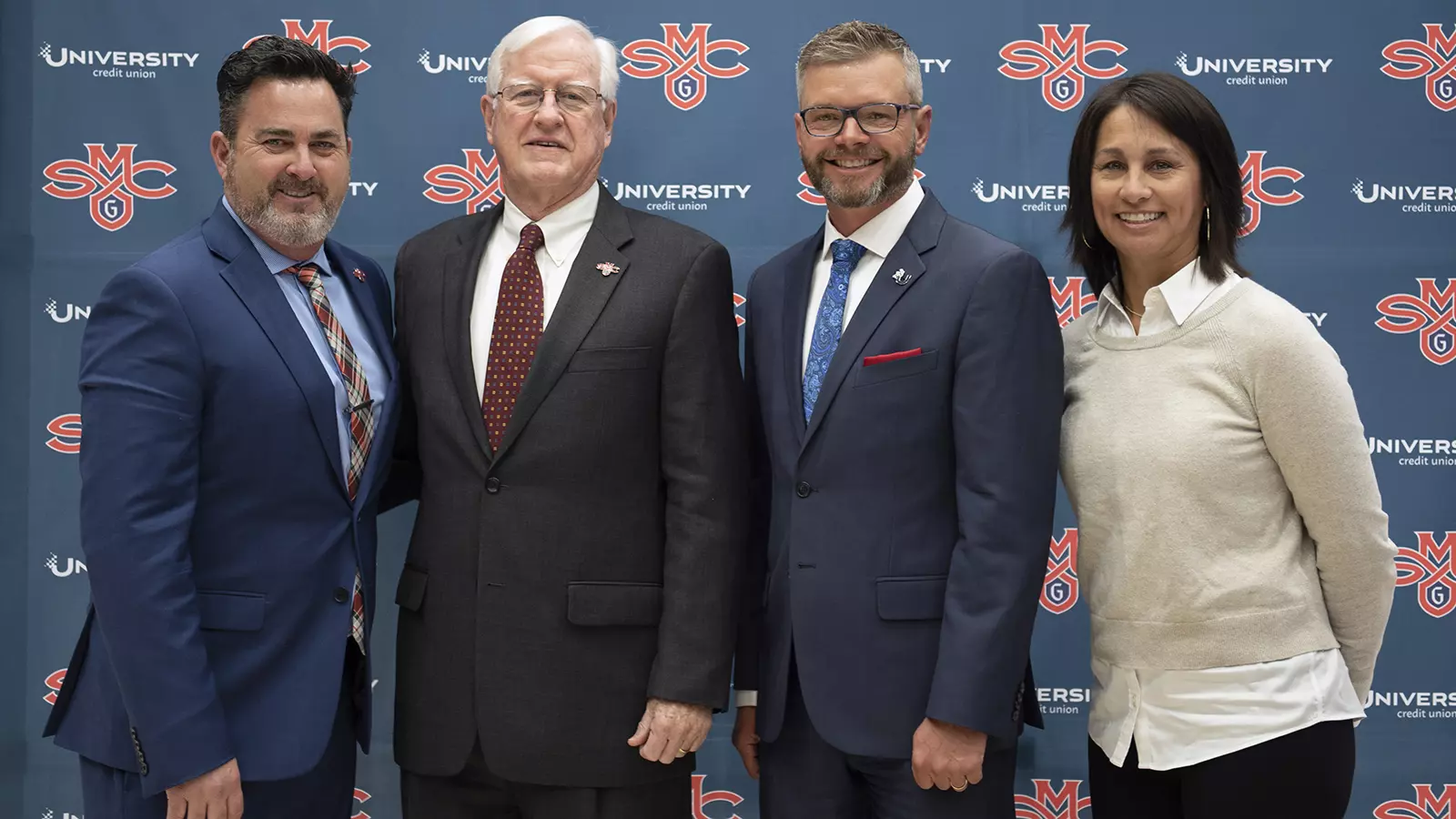 Left to right: VP for Intercollegiate Athletics Mike Matoso, Saint Mary's president James Donahue, UCU president and CEO David Tuyo, and West Coast Conference commissioner Gloria Nevarez.