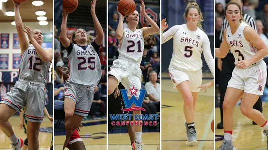 (From Left to Right) Sydney Raggio, Megan McKay, Stella Beck, Madeline Holland and Jasmine Forcadilla were all named to all-WCC teams Tuesday.
