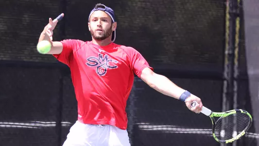 Daniel Krutik about to strike the ball during a forehand versus Pepperdine at Timothy Korth Tennis Complex on Saturday, March 31, 2018