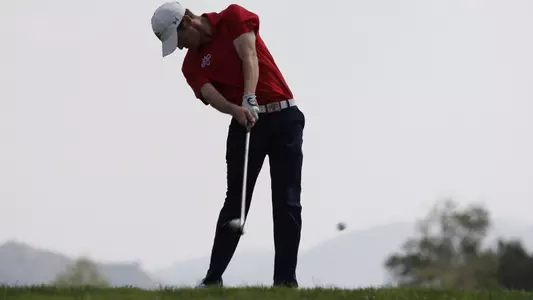 Blake Hathcoat on hole 1 in the opening round of the West Coast Conference Championships at The Carlton Oaks Golf Club in Santee, Calif. on Monday, April 16, 2018