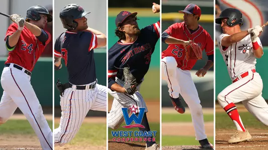 (From Left to Right) Jackson Thoreson, Kevin Milam, Ken Waldichuk, Ty Madrigal and Joey Fiske were all named All-WCC on Tuesday.