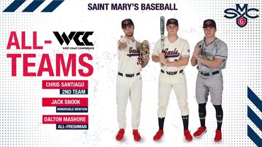 Baseball all WCC graphic of Dalton Mashore, Jack Snook, and Chris Santiago