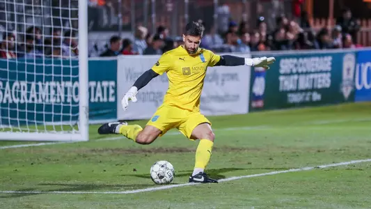 Dallas Jaye winds up for a goalie kick with Monterey Bay