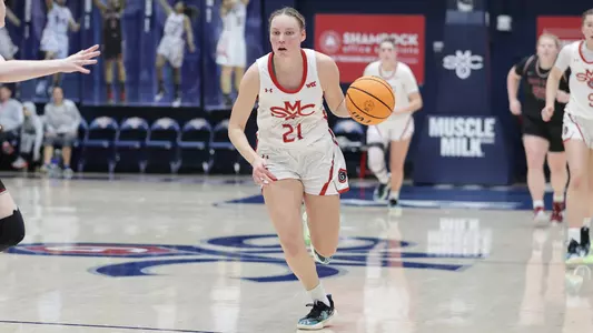 Hannah Rapp brings the ball up on a fast break