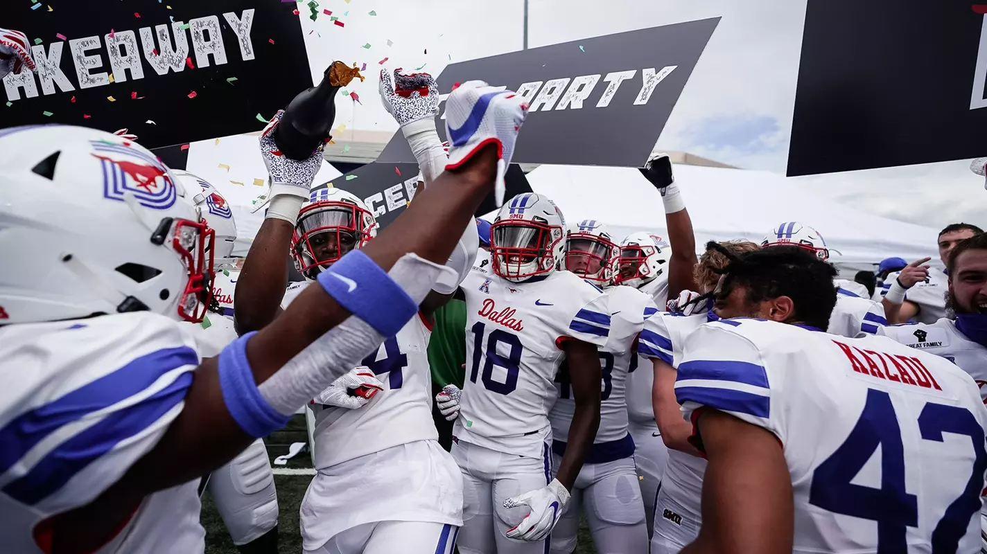 Celebration photo from the SMU-Texas State game