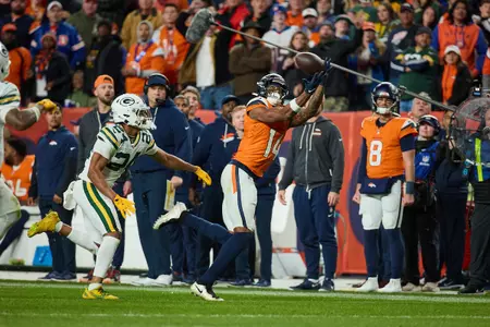 Courtland Sutton (14) during the Broncos’ Week 15 game against the Green Bay Packers at Empower Field at Mile High in Denver, Colorado on December 14, 2025. Photo by ADAM BRATTEN / Denver Broncos