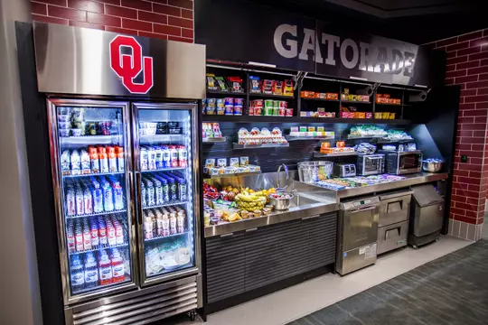 A nutrition bar sits adjacent to the locker room in OU's players lounge so the Sooners can always stay fueled.