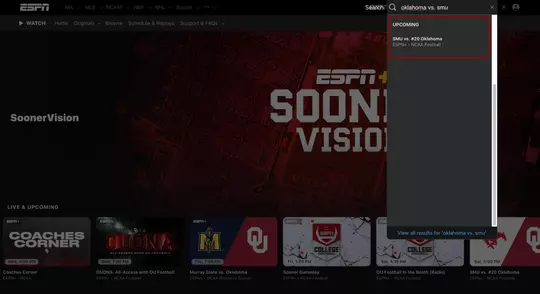 OU vs. SMU ESPN+ Search Instructions