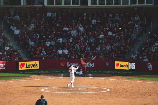 Oklahomaās Kinzie Hansen hits a walk-off home run to defeat Miami (OH) in the first ever game at Loveās Field on Mar. 1, 2024 in Norman, OK (Photo by Andrew Marsh/Oklahoma Athletics)