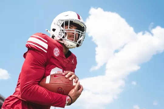 NORMAN, OK - August 05, 2024 - Oklahoma Running back Gavin Sawchuk (#27) during Oklahoma Sooners Football Throwback Uniform photoshoot in Norman, OK. Photo By Morgan Givens/University of Oklahoma