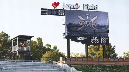 Photo of the Oklahoma Softball Love's Field videoboard for the Battle Series