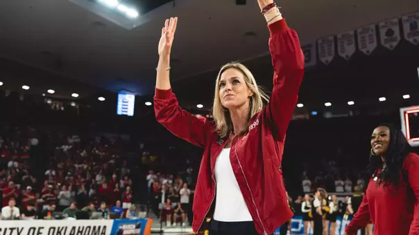 NORMAN, OK - March 24, 2025 - Oklahoma Women's Basketball Head Coach Jennie Baranczyk during the NCAA Women’s Basketball Tournament Round of 32 game between the Iowa Hawkeyes and the Oklahoma Sooners at Lloyd Noble Center in Norman, OK. Photo By Johnny Smiley/University of Oklahoma