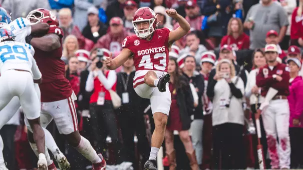 Grayson Miller punts in OU's game against Ole Miss on Oct. 25, 2025 at Gaylord Family - Oklahoma Memorial Stadium
