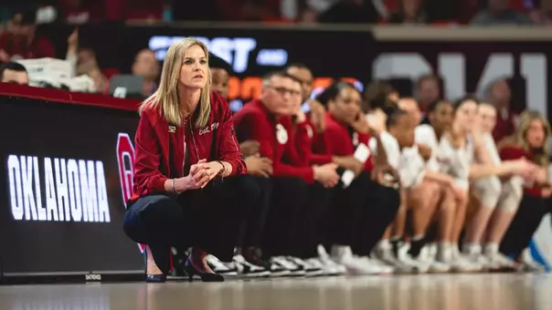 NORMAN, OK - March 24, 2025 - Oklahoma Women's Basketball Head Coach Jennie Baranczyk during the NCAA Women’s Basketball Tournament Round of 32 game between the Iowa Hawkeyes and the Oklahoma Sooners at Lloyd Noble Center in Norman, OK. Photo By Johnny Smiley/University of Oklahoma