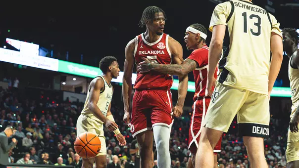 Mohamed Wague celebrates a basket in the game against Wake