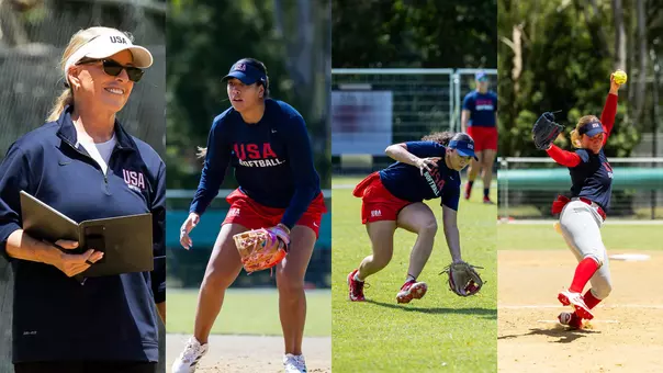 Photos of head coach Patty Gasso, Tiare Jennings, Alyssa Brito and Kelly Maxwell