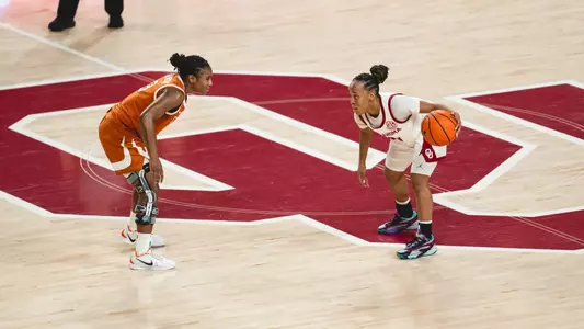 NORMAN, OK - January 02, 2025 - Oklahoma Guard Nevaeh Tot (#1) during the game between the Texas Longhorns and the Oklahoma Sooners at Lloyd Noble Center in Norman, OK. Photo By Asia Purnell/University of Oklahoma