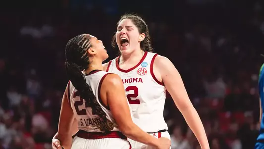 NORMAN, OK - March 22, 2025 - Oklahoma Center Raegan Beers (#52) and Oklahoma Forward Skylar Vann (#24) during the NCAA Women’s Basketball Tournament Round of 64 game between the Florida Gulf Coast Eagles and the Oklahoma Sooners at Lloyd Noble Center in Norman, OK. Photo By Johnny Smiley/University of Oklahoma