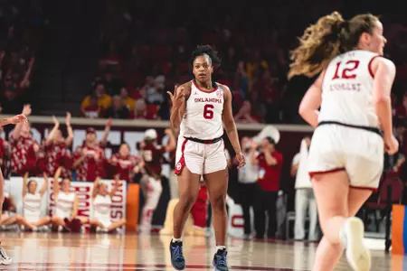 NORMAN, OK - March 24, 2025 - Oklahoma Forward Sahara Williams (#6) during the NCAA Women’s Basketball Tournament Round of 32 game between the Iowa Hawkeyes and the Oklahoma Sooners at Lloyd Noble Center in Norman, OK. Photo By Johnny Smiley/University of Oklahoma