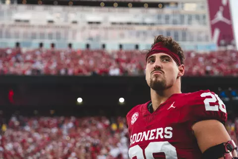 NORMAN, OK - August 30, 2024 - Oklahoma Linebacker Danny Stutsman (#28) during the game between the Temple Owls and the Oklahoma Sooners at Gaylord Family - Oklahoma Memorial Stadium in Norman, OK. Photo By Morgan Givens/University of Oklahoma