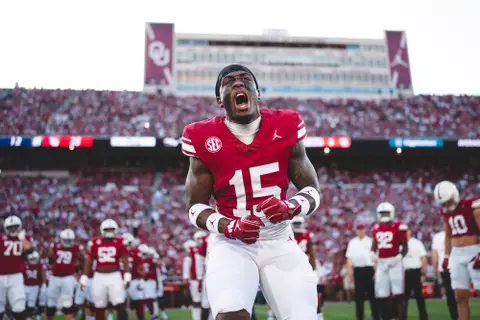 NORMAN, OK - September 07, 2024 - Oklahoma Defensive back Kendel Dolby (#15) during the game between the Houston Cougars and the Oklahoma Sooners at Gaylord Family - Oklahoma Memorial Stadium in Norman, OK. Photo By Morgan Givens/University of Oklahoma