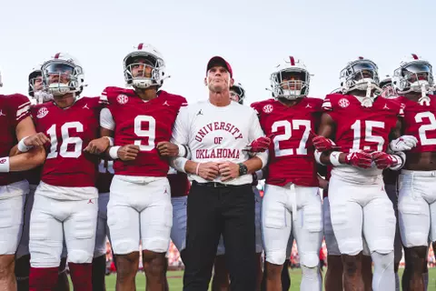 NORMAN, OK - September 07, 2024 - Oklahoma Football Head Coach Brent Venables, Oklahoma Quarterback Casey Thompson (#16), Oklahoma Quarterback Michael Hawkins Jr. (#9), Oklahoma Running back Gavin Sawchuk (#27), Oklahoma Defensive back Kendel Dolby (#15) and Oklahoma Running back Jovantae Barnes (#2) during the game between the Houston Cougars and the Oklahoma Sooners at Gaylord Family - Oklahoma Memorial Stadium in Norman, OK. Photo By Morgan Givens/University of Oklahoma